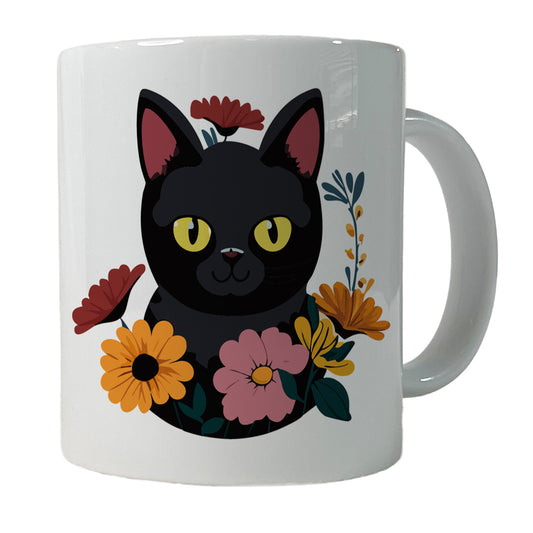 Black Cat in Flowers Ceramic Tea Coffee Mug Cup - 11oz