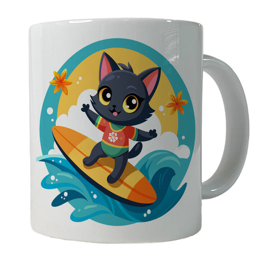 Black Cat Kitty Girl Surfing Ceramic Tea Coffee Mug Cup - 11oz