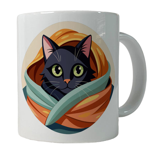 Black Cat Snuggling in Blanket Ceramic Tea Coffee Mug Cup - 11oz
