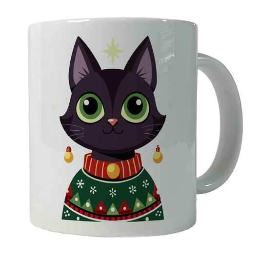 Black Cat Wearing Christmas Sweater Ceramic Tea Coffee Mug Cup - 11oz