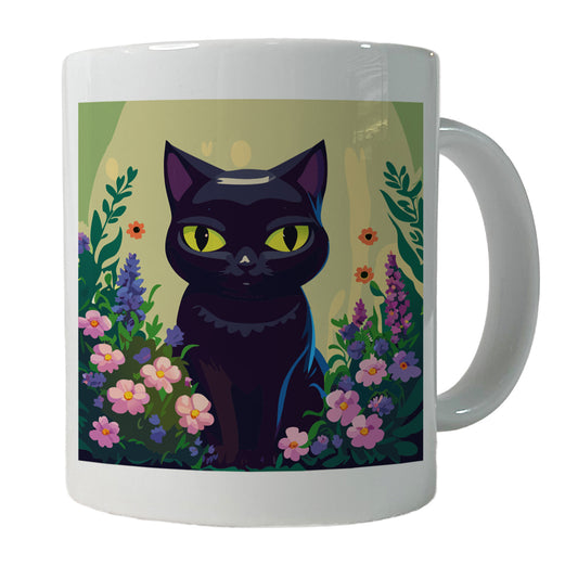 Black White Cat in Flower Garden Ceramic Tea Coffee Mug Cup - 11oz