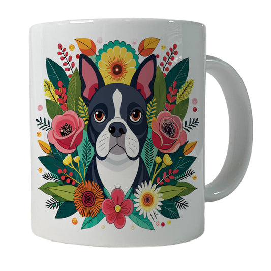 Boston Terrier Dog Floral Flowers Ceramic Tea Coffee Mug Cup - 11oz