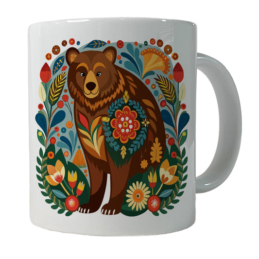 Brown Bear Floral Motif Ceramic Tea Coffee Mug Cup - 11oz