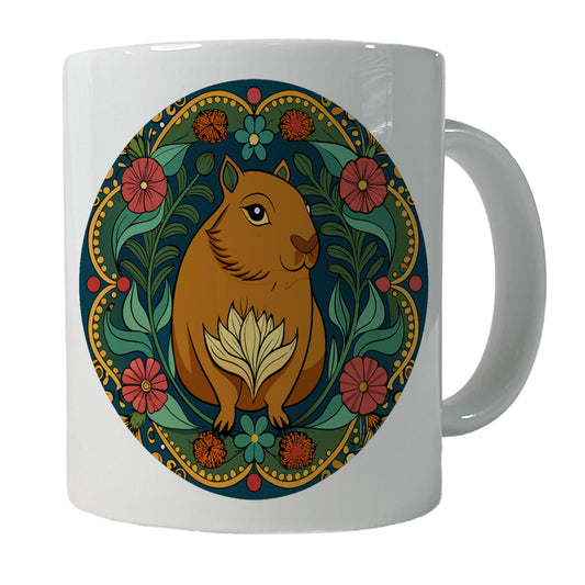 Capybara Floral Art Nouveau Flowers Elegant Ceramic Tea Coffee Mug Cup - 11oz