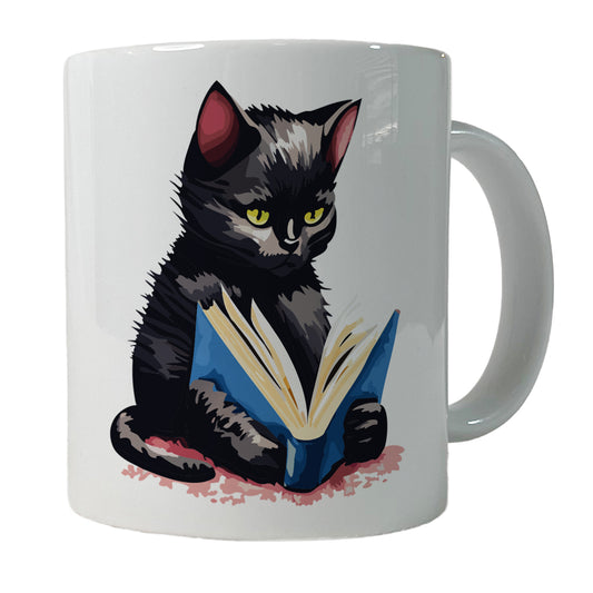 Cat Black Reading Book Reader Ceramic Tea Coffee Mug Cup - 11oz