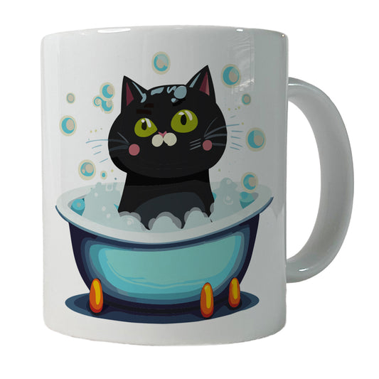 Cat Black Taking Bubble Bath Ceramic Tea Coffee Mug Cup - 11oz