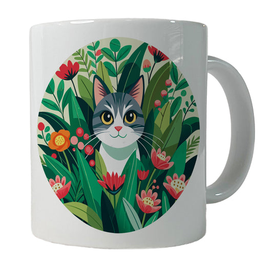Cat Hiding in Flower Garden Ceramic Tea Coffee Mug Cup - 11oz