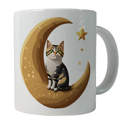 Cat on Crescent Moon Stars Cute Ceramic Tea Coffee Mug Cup - 11oz