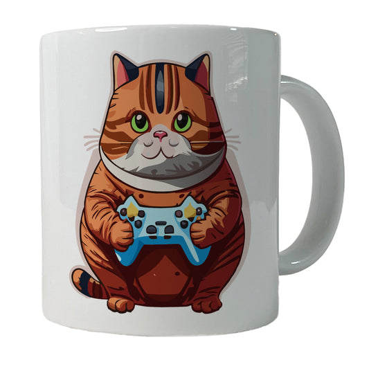 Cat Playing Game Gamer Gaming Chubby Ceramic Tea Coffee Mug Cup - 11oz