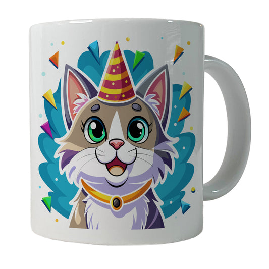 Cat Wearing Birthday Hat Ceramic Tea Coffee Mug Cup - 11oz