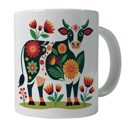 Cow Floral Motif Ceramic Tea Coffee Mug Cup - 11oz
