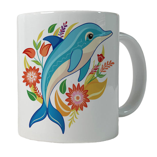 Dolphin Floral Flowers Ceramic Tea Coffee Mug Cup - 11oz