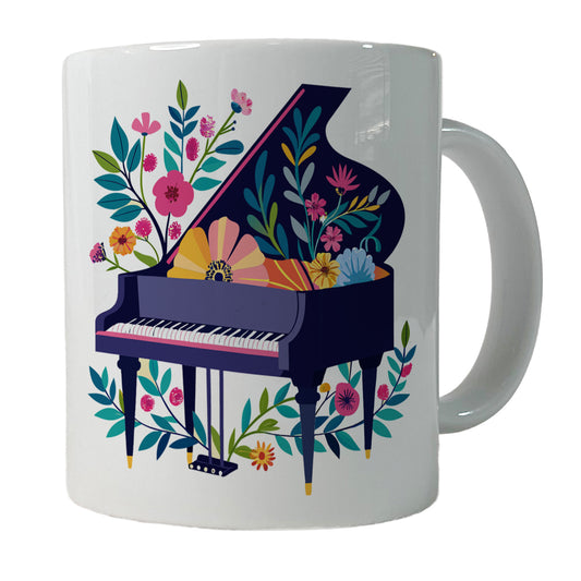 Grand Piano Music Floral Motif Ceramic Tea Coffee Mug Cup - 11oz