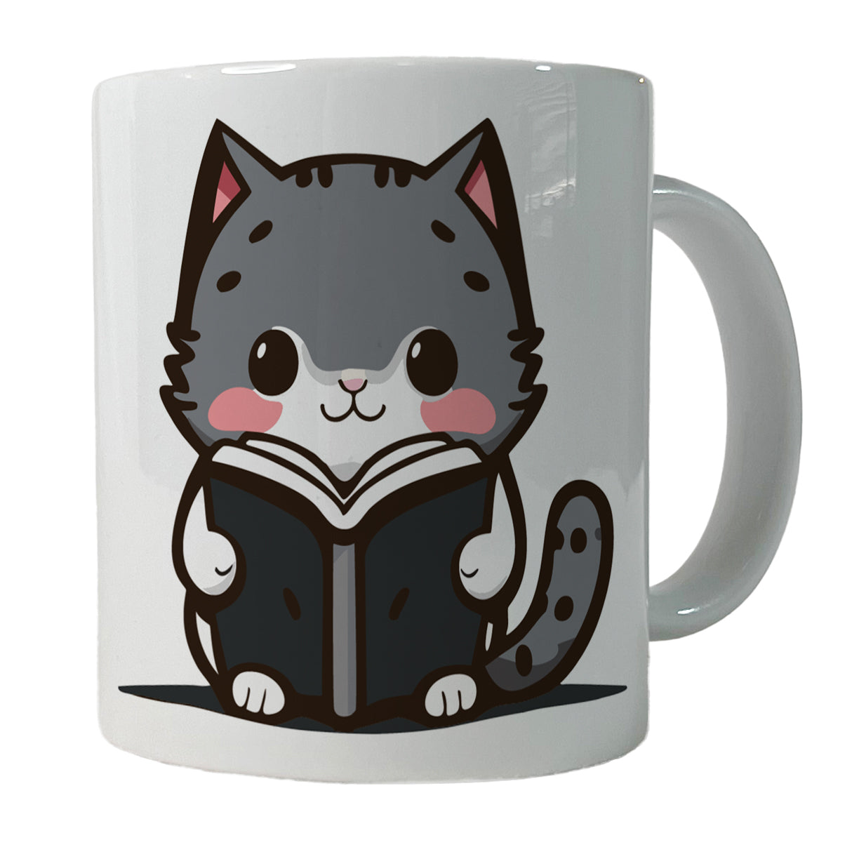 Gray Cat Reading Book Ceramic Tea Coffee Mug Cup - 11oz