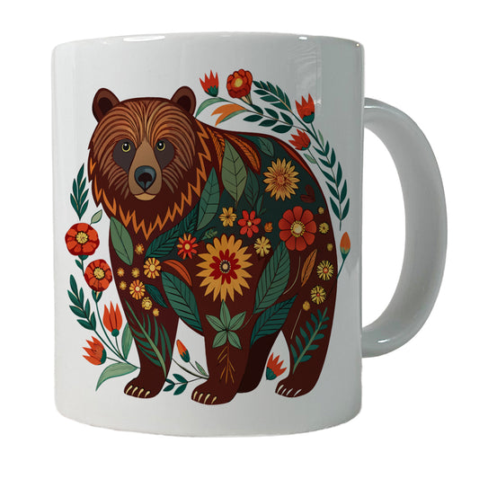 Grizzly Bear Floral Motif Ceramic Tea Coffee Mug Cup - 11oz