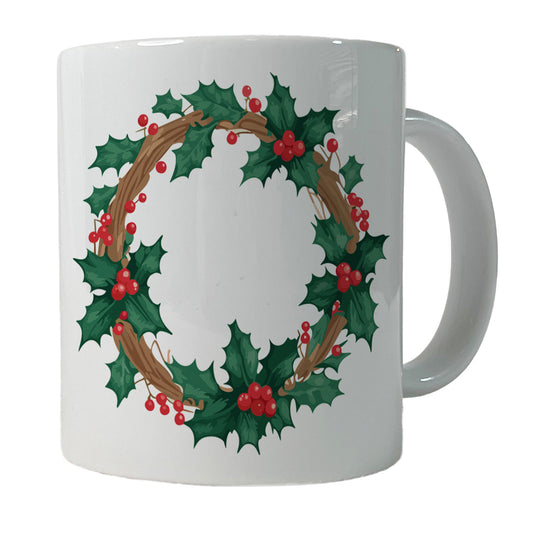 Holly Christmas Wreath Watercolor Ceramic Tea Coffee Mug Cup - 11oz