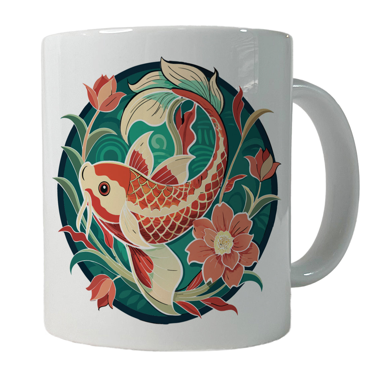 Koi Fish Floral Art Nouveau Flowers Elegant Ceramic Tea Coffee Mug Cup - 11oz
