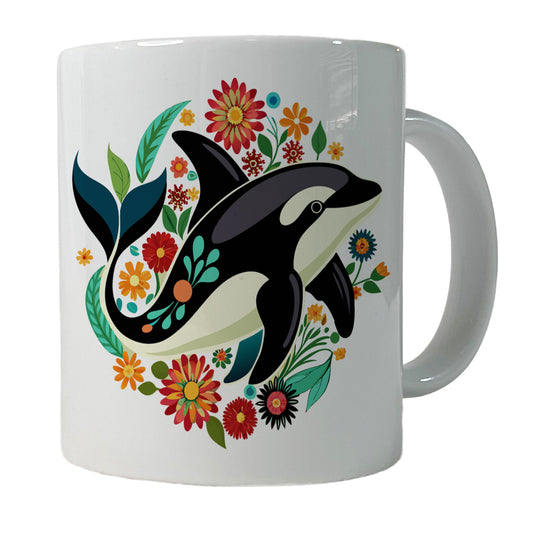 Orca Whale Floral Flowers Ceramic Tea Coffee Mug Cup - 11oz