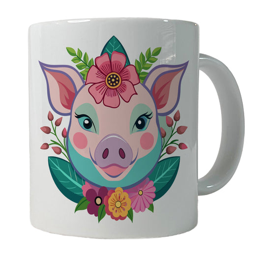 Pig Head Floral Flowers Ceramic Tea Coffee Mug Cup - 11oz