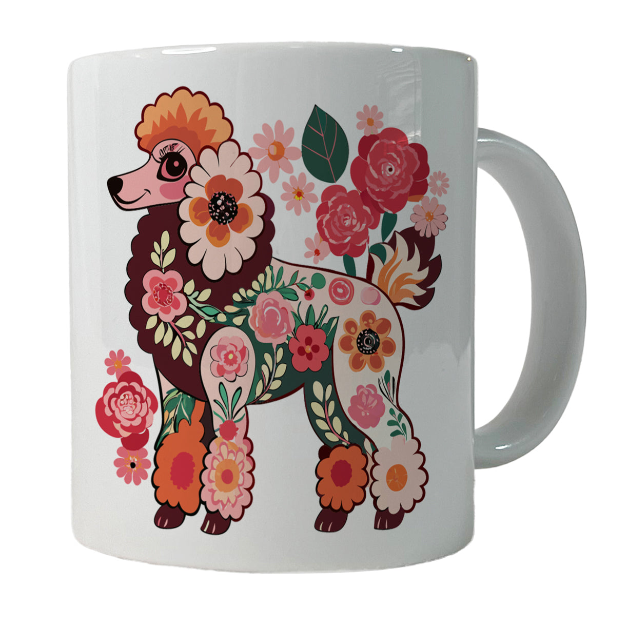 Poodle Dog Floral Motif Ceramic Tea Coffee Mug Cup - 11oz
