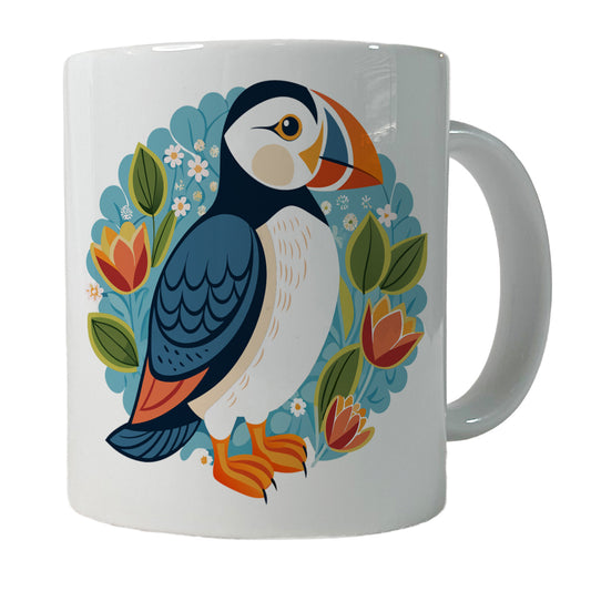 Puffin Bird Floral Flowers Ceramic Tea Coffee Mug Cup - 11oz