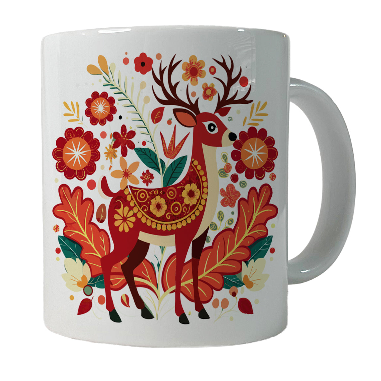 Reindeer Floral Flowers Ceramic Tea Coffee Mug Cup - 11oz