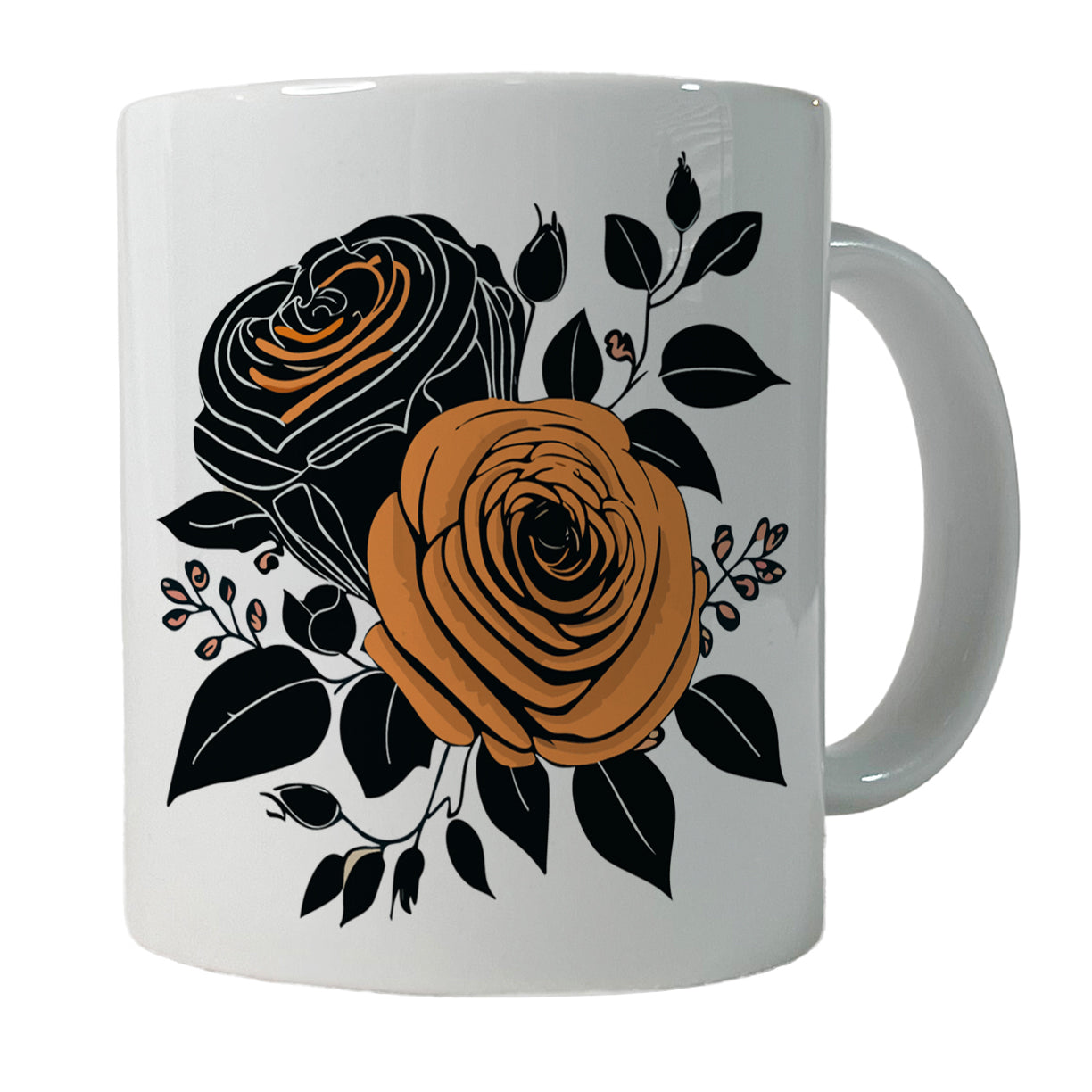 Roses Black Orange Fall Autumn Thanksgiving Halloween Motif Ceramic Tea Coffee Mug Cup - 11oz