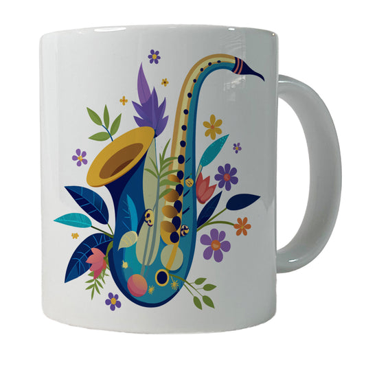 Saxophone Instrument Music Floral Motif Ceramic Tea Coffee Mug Cup - 11oz
