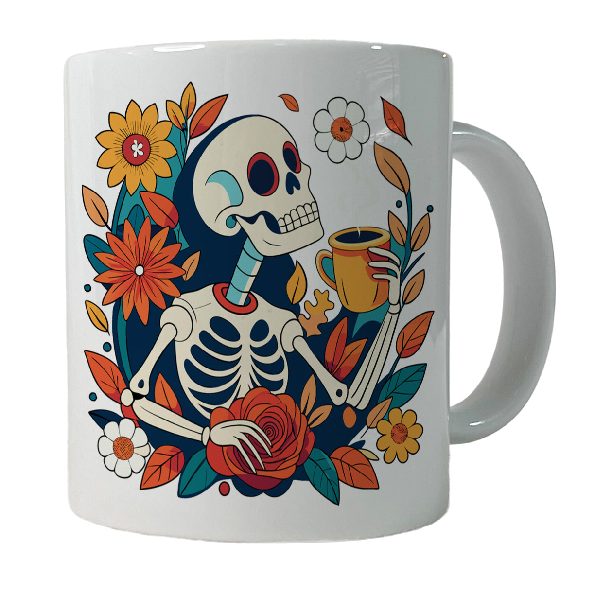 Skeleton Drinking Coffee Funny Floral Flowers Ceramic Tea Coffee Mug Cup - 11oz