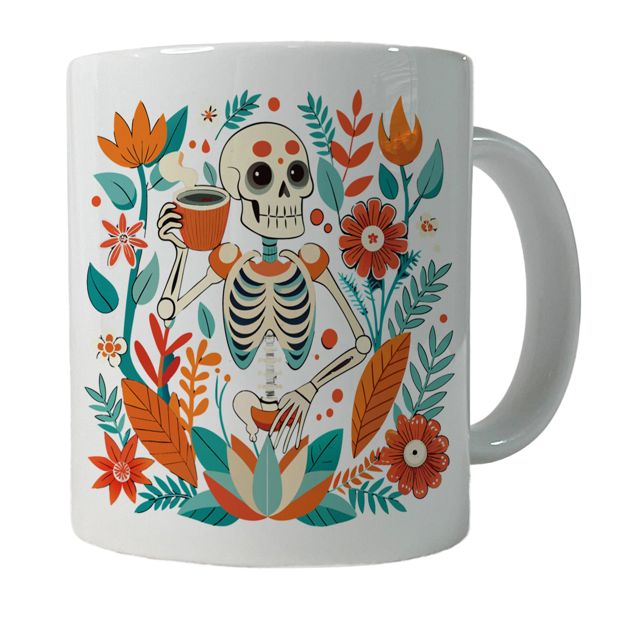 Skeleton Drinking Tea Funny Floral Flowers Ceramic Tea Coffee Mug Cup - 11oz