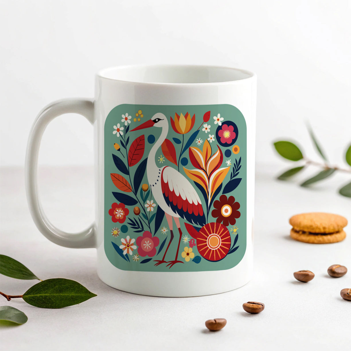 Stork Bird Floral Flowers Ceramic Tea Coffee Mug Cup - 11oz