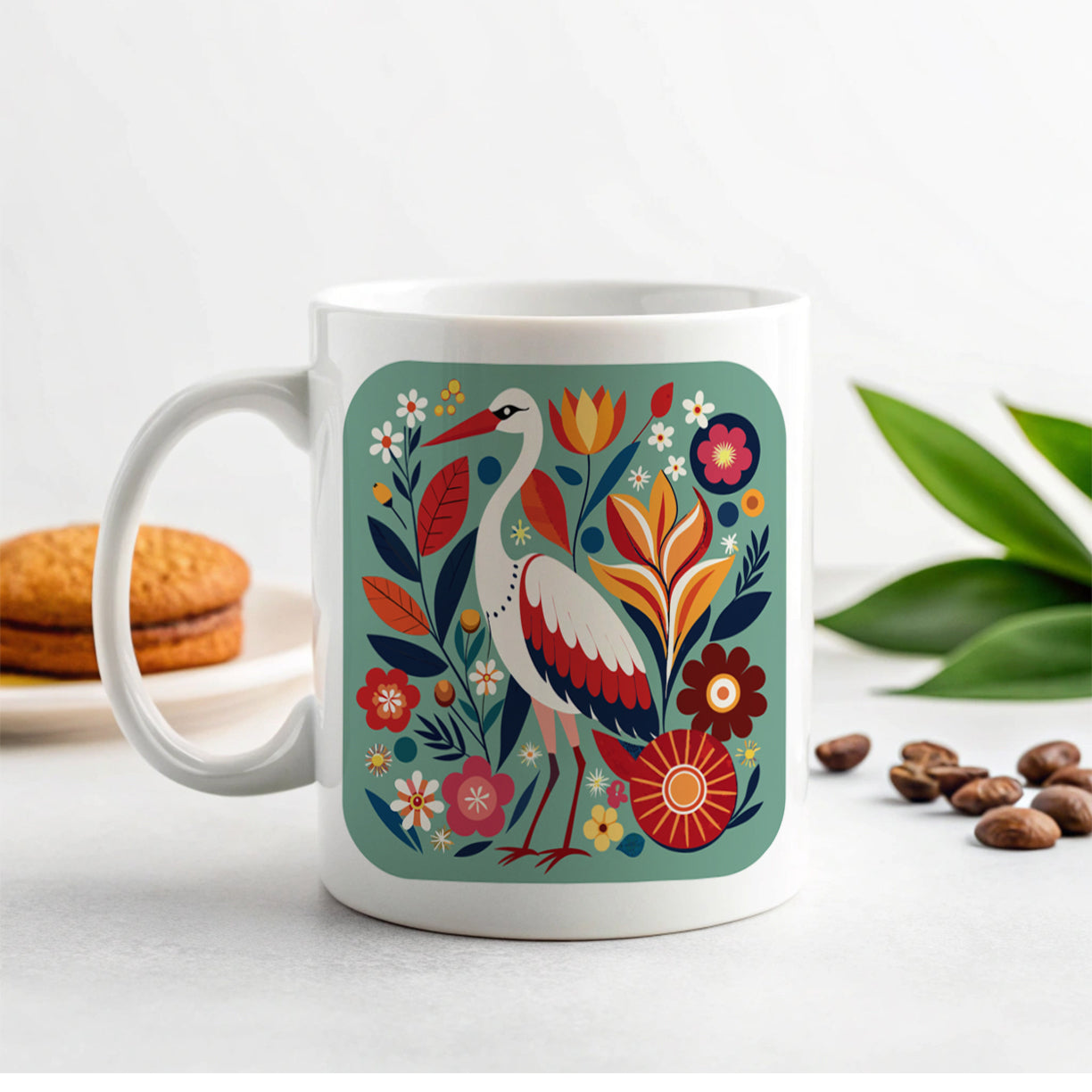 Stork Bird Floral Flowers Ceramic Tea Coffee Mug Cup - 11oz