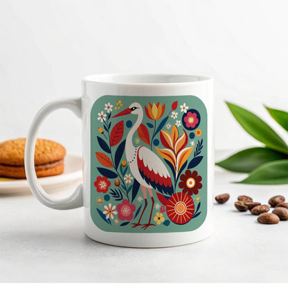 Stork Bird Floral Flowers Ceramic Tea Coffee Mug Cup - 11oz