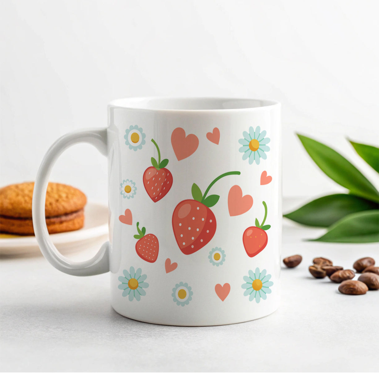 Strawberries Daisies Strawberry Daisy Hearts Ceramic Tea Coffee Mug Cup - 11oz