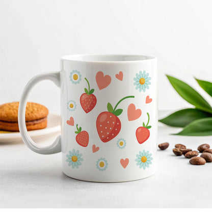 Strawberries Daisies Strawberry Daisy Hearts Ceramic Tea Coffee Mug Cup - 11oz