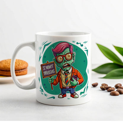 Teacher Zombie Man I Want Your Brains Ceramic Tea Coffee Mug Cup - 11oz