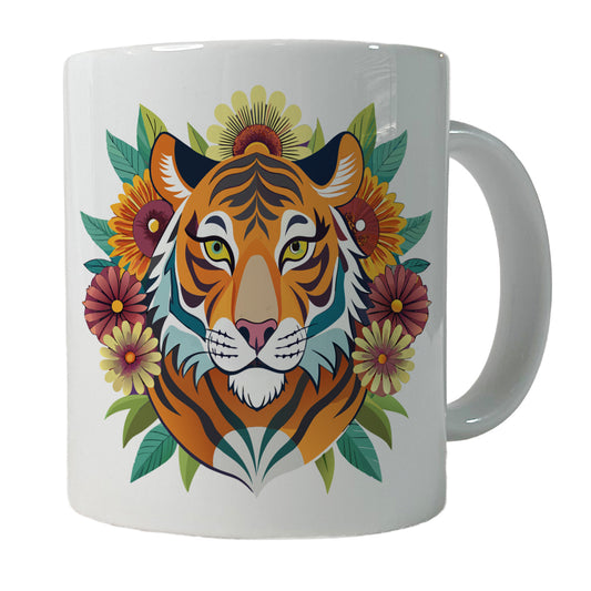 Tiger Head Floral Flowers Ceramic Tea Coffee Mug Cup - 11oz