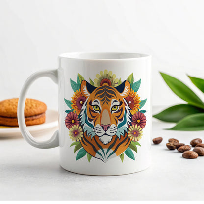 Tiger Head Floral Flowers Ceramic Tea Coffee Mug Cup - 11oz