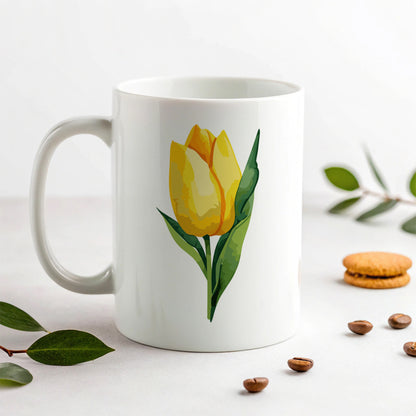 Tulip Flower Yellow Watercolor Ceramic Tea Coffee Mug Cup - 11oz