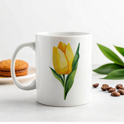 Tulip Flower Yellow Watercolor Ceramic Tea Coffee Mug Cup - 11oz