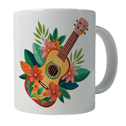 Ukulele Music Tropical Floral Motif Ceramic Tea Coffee Mug Cup - 11oz