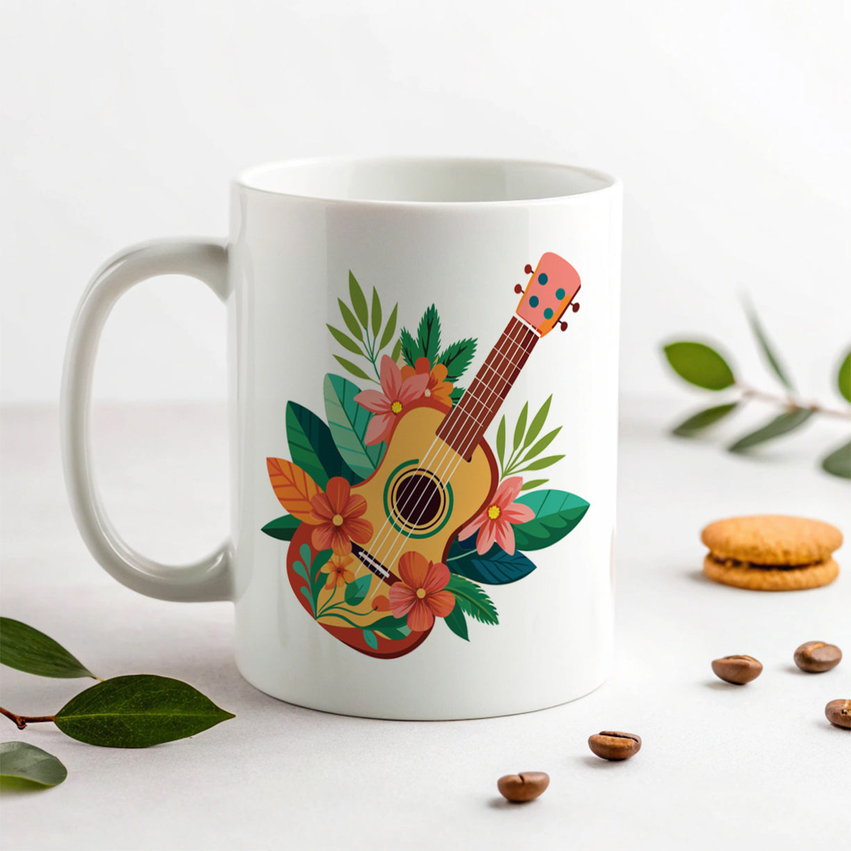 Ukulele Music Tropical Floral Motif Ceramic Tea Coffee Mug Cup - 11oz