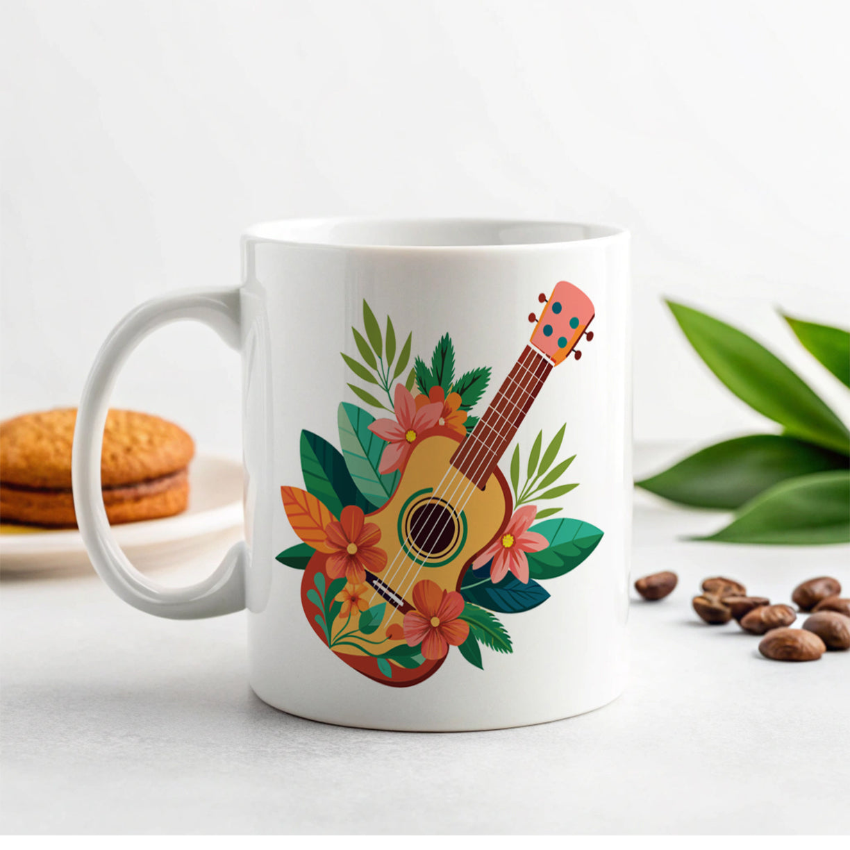 Ukulele Music Tropical Floral Motif Ceramic Tea Coffee Mug Cup - 11oz