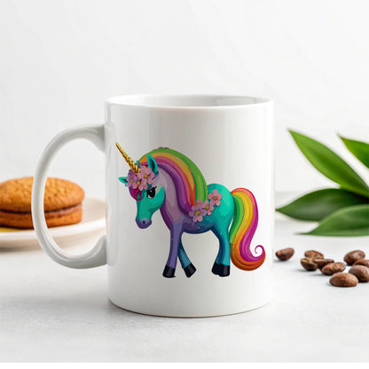 Unicorn Rainbow Standing Flowers Ceramic Tea Coffee Mug Cup - 11oz