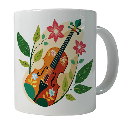 Violin Music Floral Motif Ceramic Tea Coffee Mug Cup - 11oz