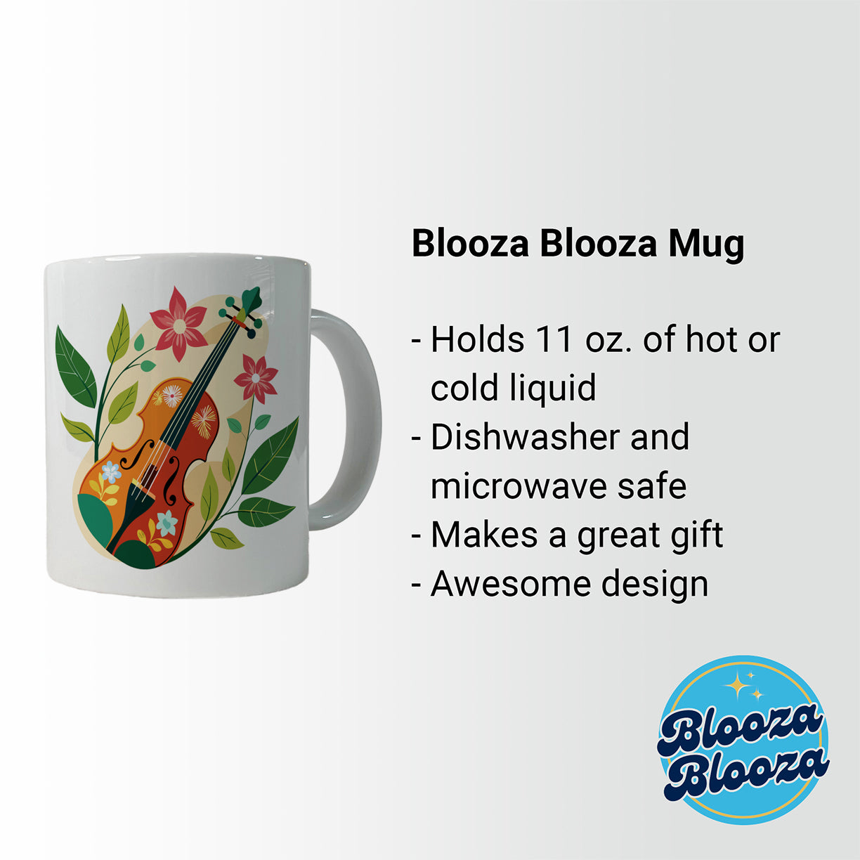 Violin Music Floral Motif Ceramic Tea Coffee Mug Cup - 11oz