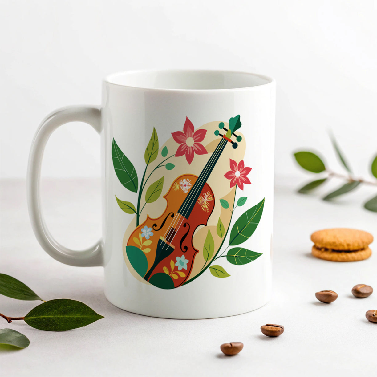 Violin Music Floral Motif Ceramic Tea Coffee Mug Cup - 11oz