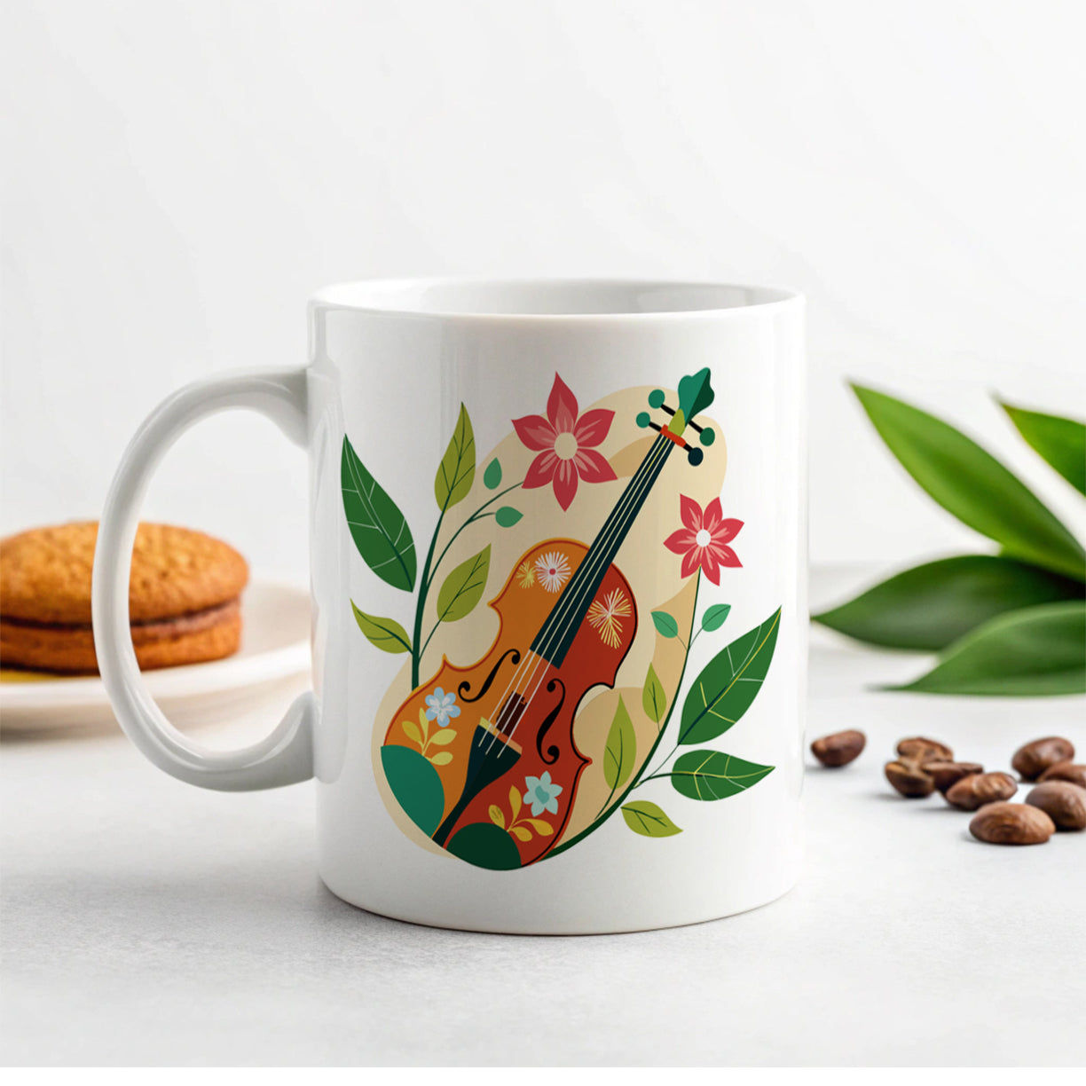 Violin Music Floral Motif Ceramic Tea Coffee Mug Cup - 11oz