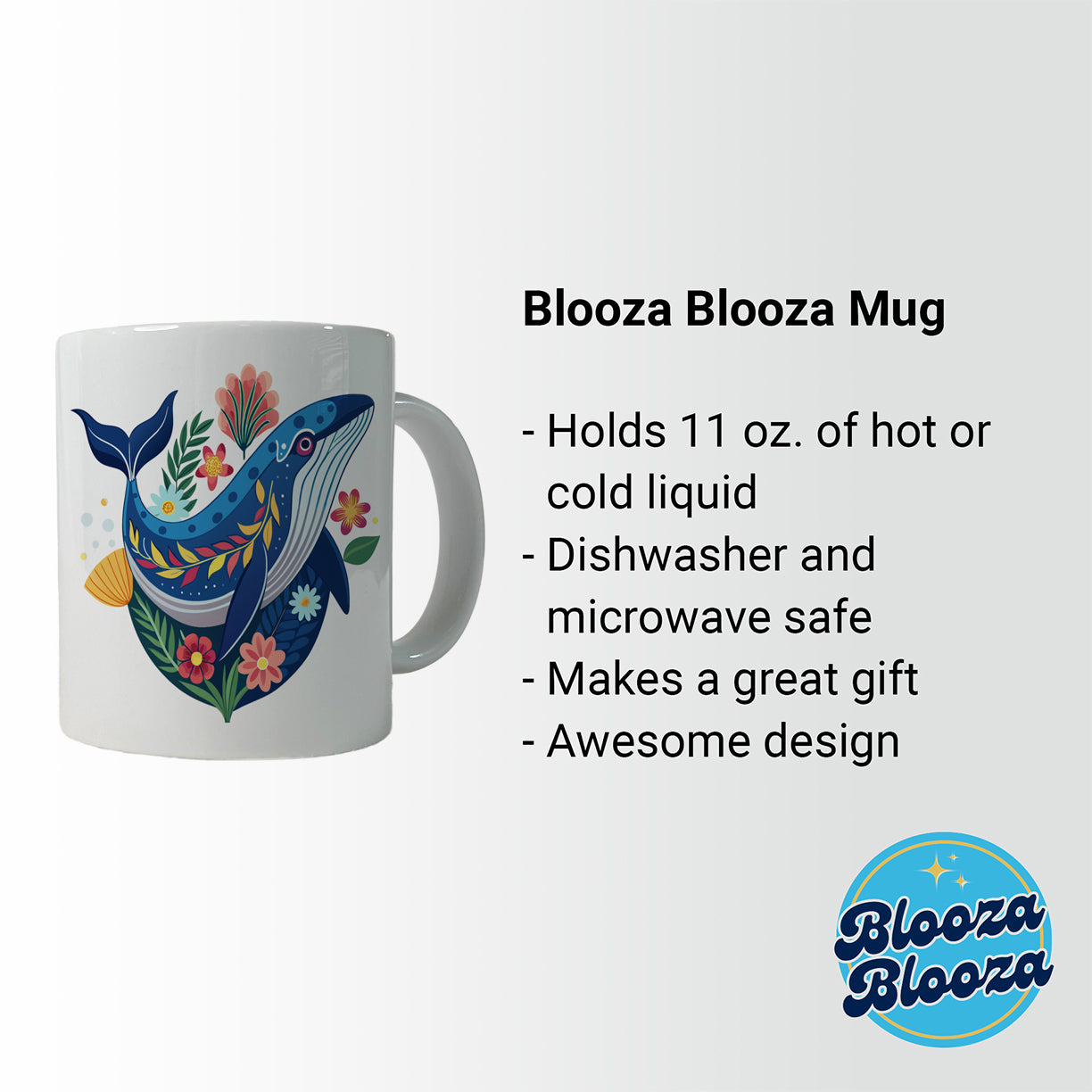 Whale Floral Flowers Ceramic Tea Coffee Mug Cup - 11oz