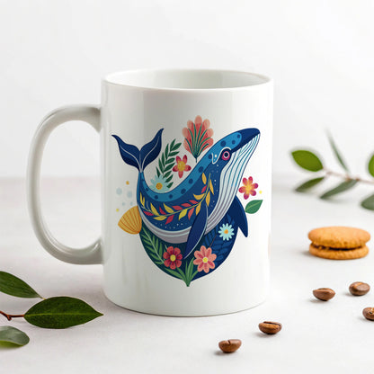 Whale Floral Flowers Ceramic Tea Coffee Mug Cup - 11oz